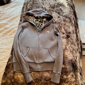 Victoria’s Secret love pink sequin bling zip up hoodie with leopard fur inside